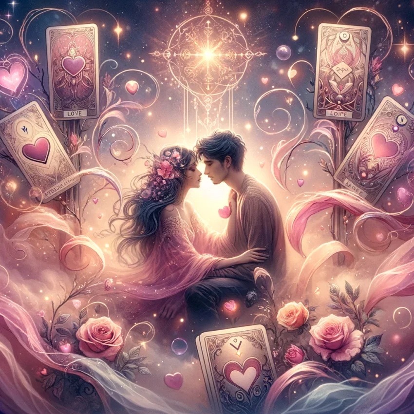 Lovers, tarot and love symbols in a dreamy landscape.